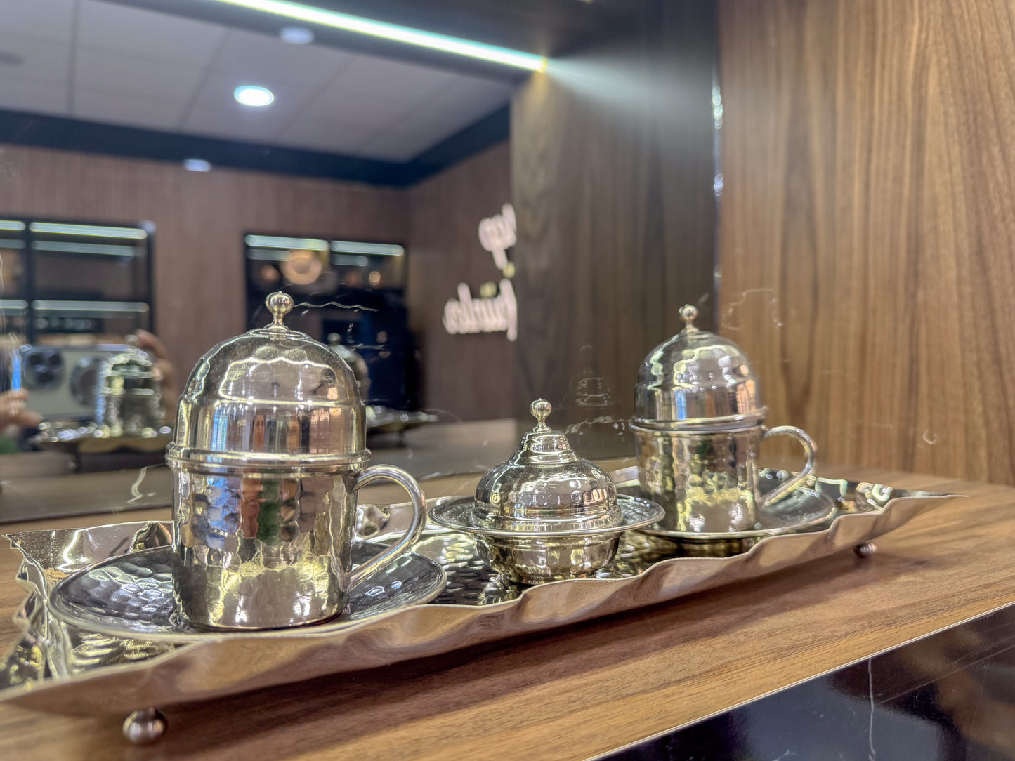 Bakır Lokumluklu Tepsili Gümüş 2 Kişilik Türk Kahvesi Fincan Takımı Sunumluk