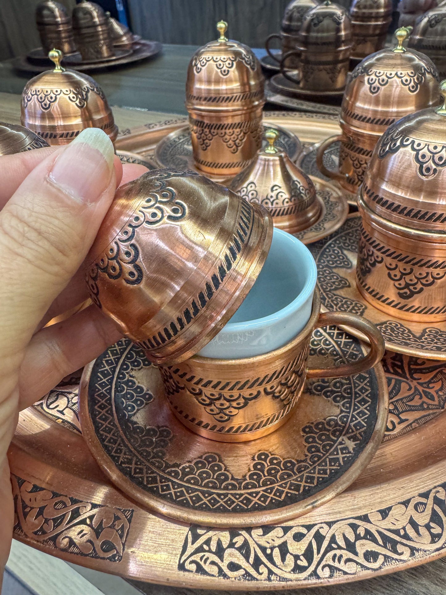 Bakır 6 Fincanlı Üzüm İşleme Kahve Takımı