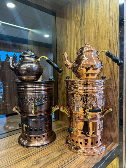 Odunlu ve Kömürlü Bakır Semaver (parlak)